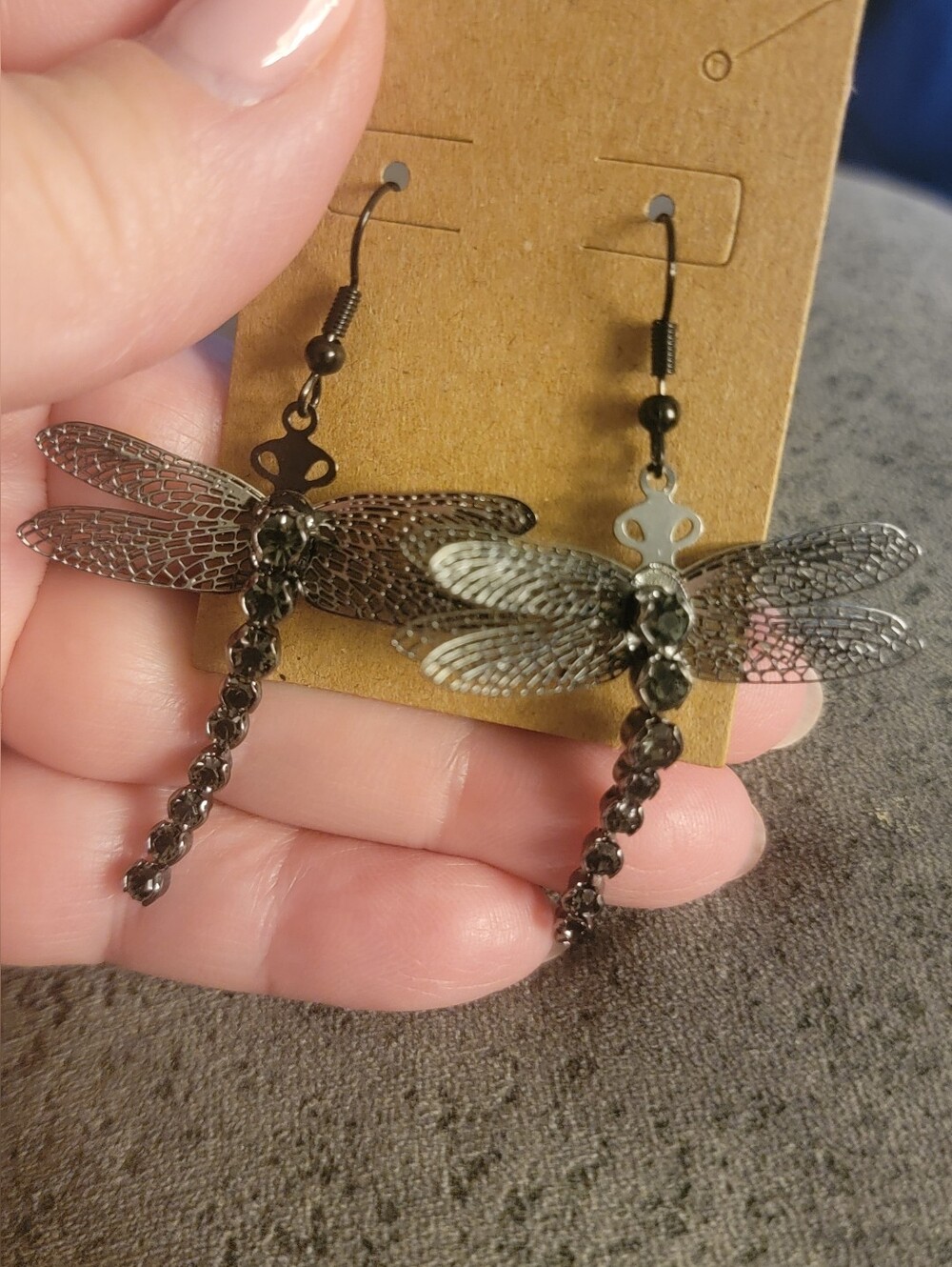 Handcrafted Antique Silver Dragonfly Dangle Earrings - Picture 4 of 4